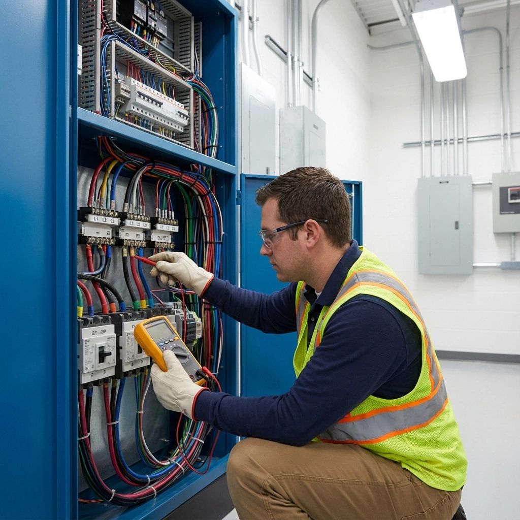 Technician inspecting wiring inside a blue electrical control cabinet, wearing a safety vest and gloves.
