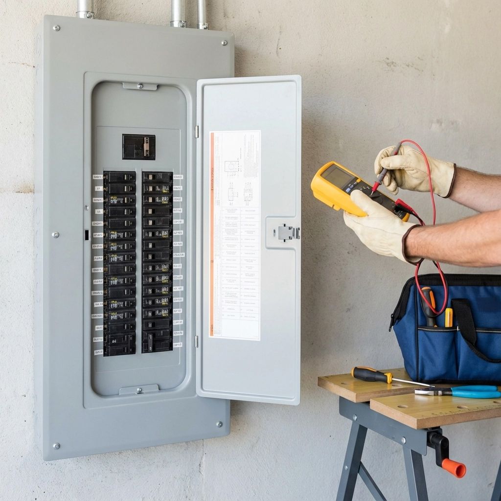 Electrician testing an open circuit breaker panel with a multimeter in a workshop.