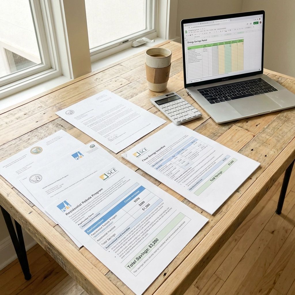 Desk with laptop, papers, calculator, and coffee in a bright office workspace