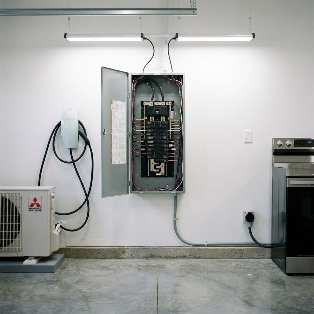 Open electrical panel in a garage or utility room, with fluorescent lights and appliances nearby