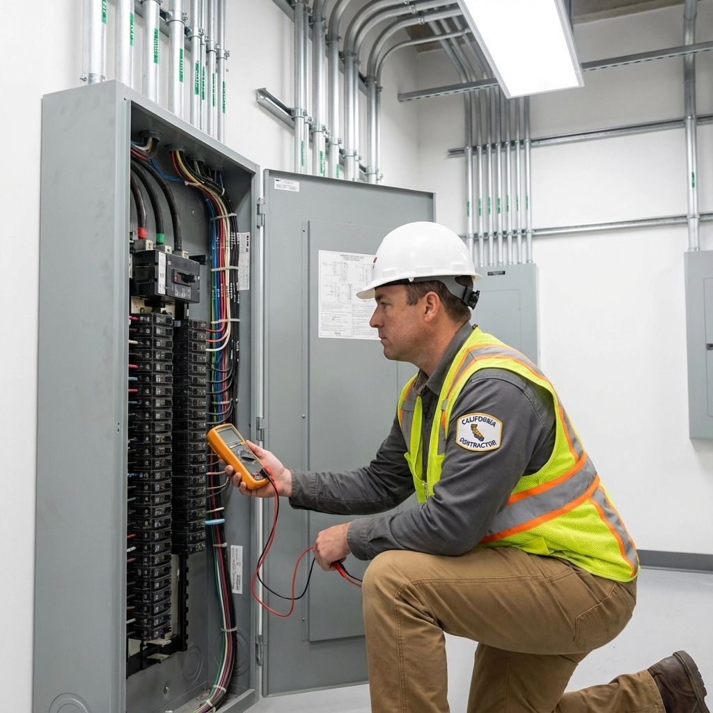 Technician inspecting an electrical panel with a multimeter in a bright industrial room