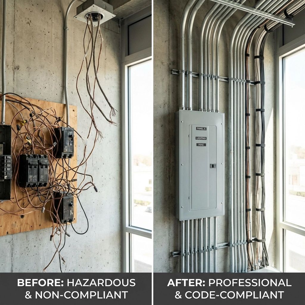 Before-and-after electrical panel upgrade in unfinished interior with exposed wiring replaced by neat conduit and panel