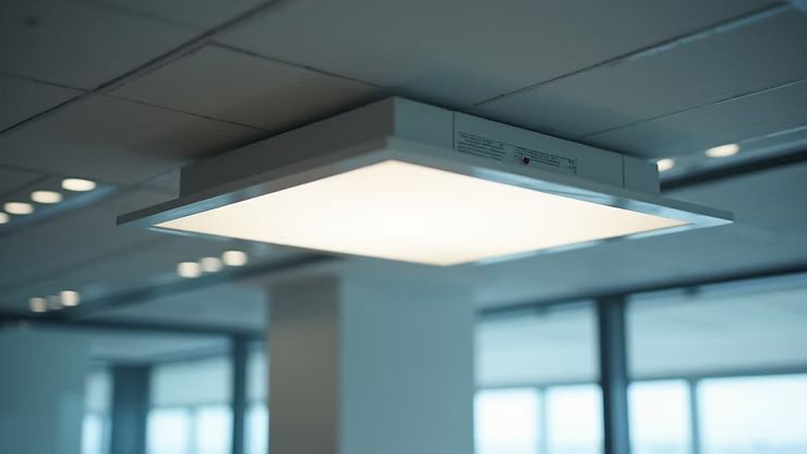 Ceiling-mounted square LED light panel in an office interior