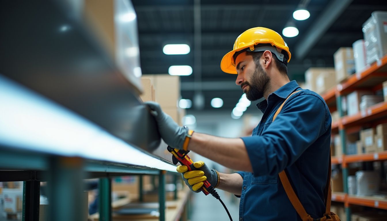 Worker in a hard hat using a handheld power tool on a large metal surface in a warehouse.