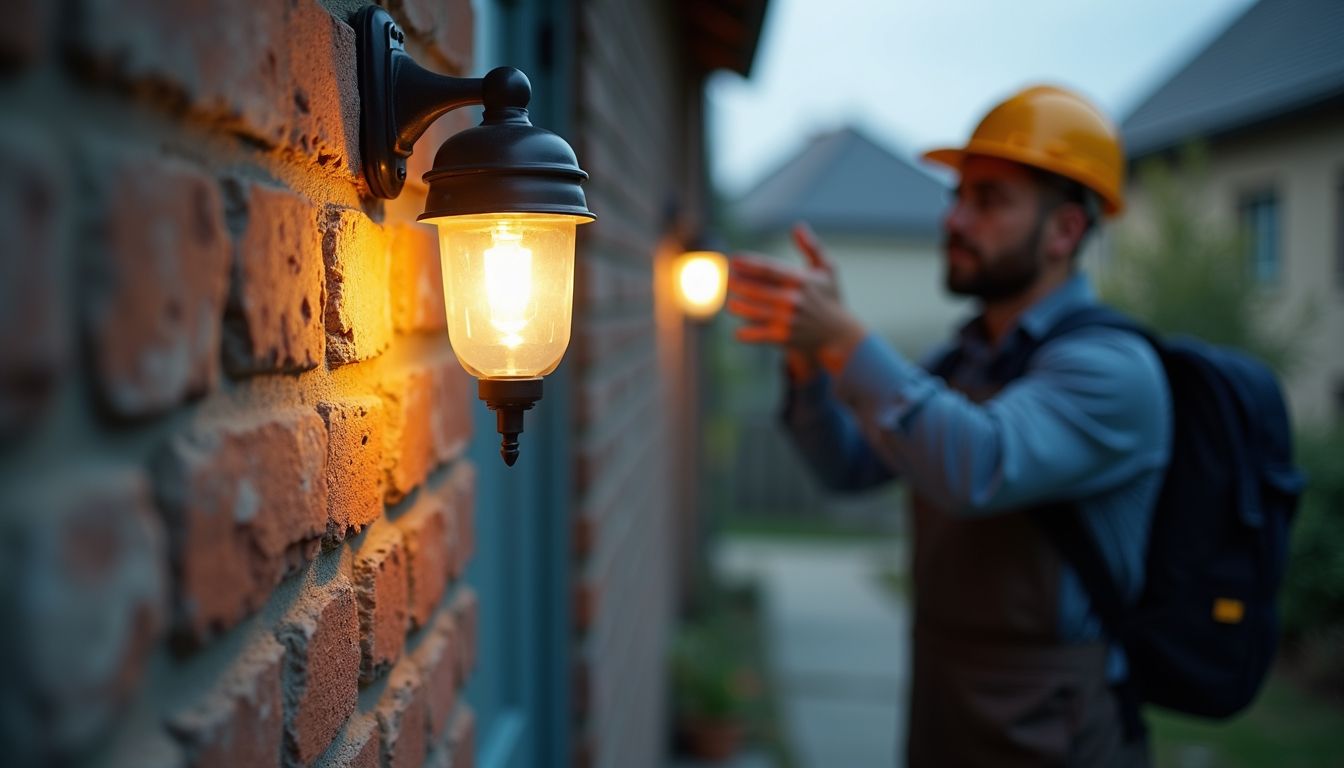 Worker in a hard hat fixing an exterior wall light at dusk