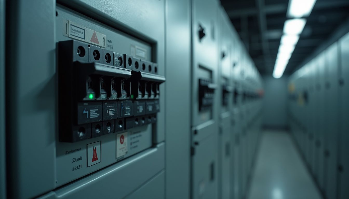 Row of electrical breaker panels in a dim industrial hallway, with one panel in sharp focus.