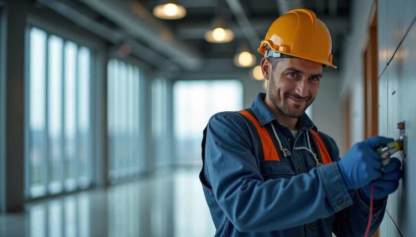 Technician in hard hat adjusting wiring in a bright industrial corridor