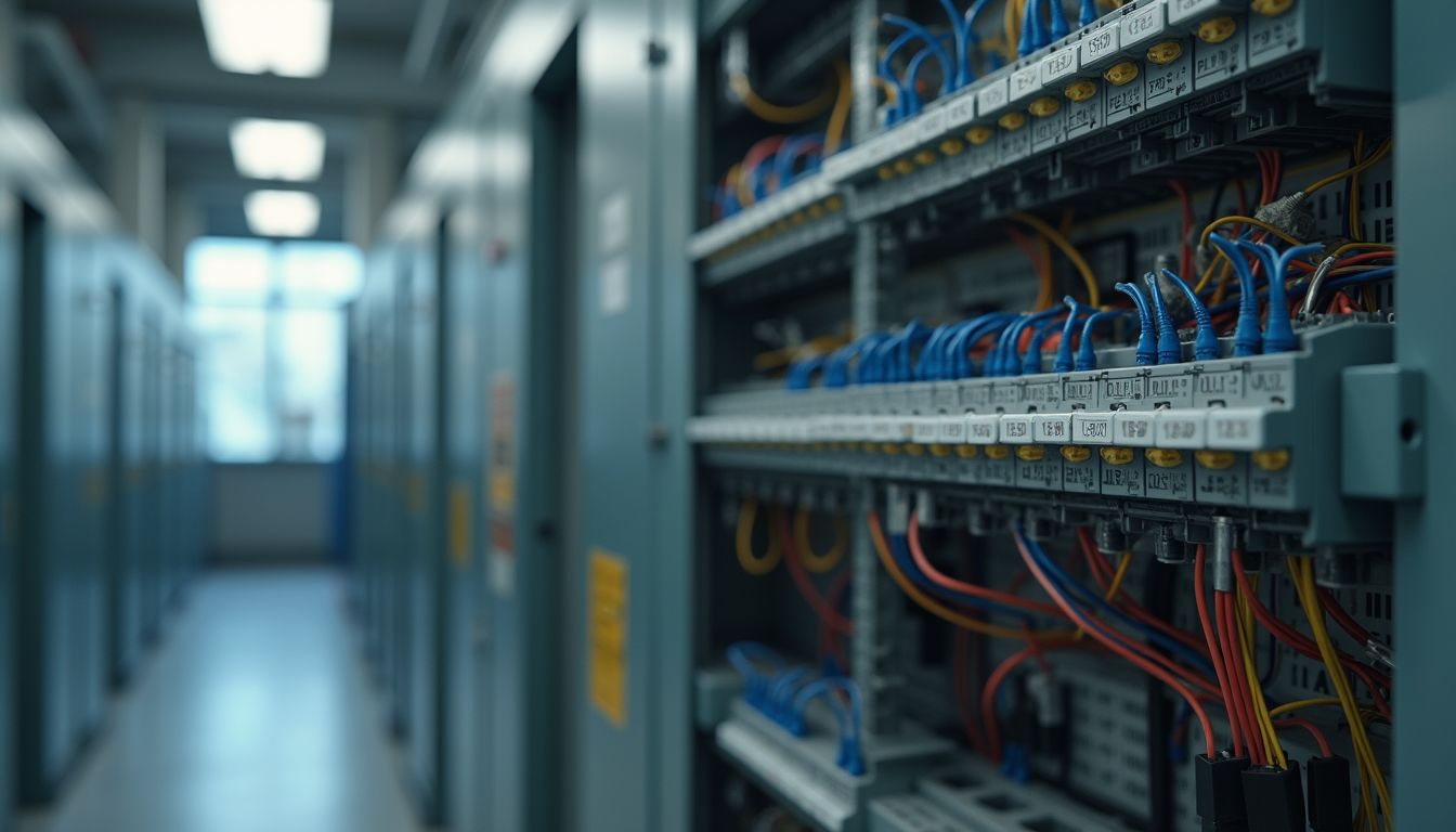 Rows of blue and orange cables in a server rack, with a blurred corridor in the background