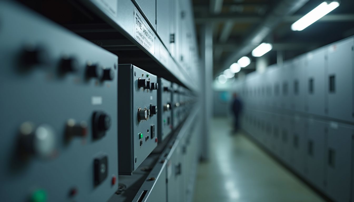 Row of industrial control panels in a narrow corridor, with a blurred person in the distance