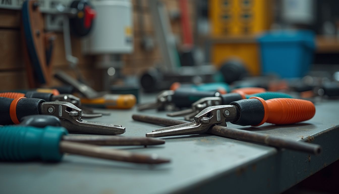Pliers and screwdrivers with orange handles laid on a workshop table, shallow depth of field.