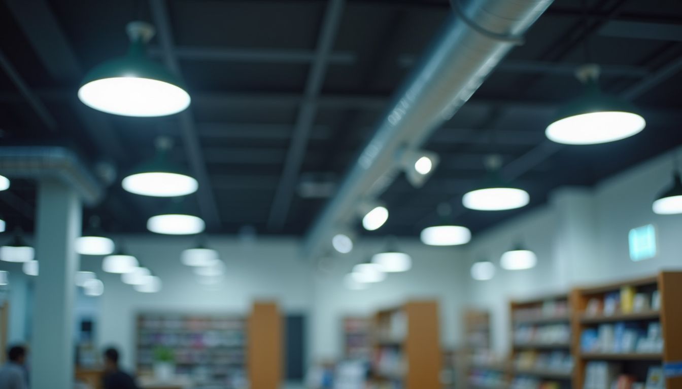 Modern library interior with bright overhead lights, bookshelves, and a blurred central aisle