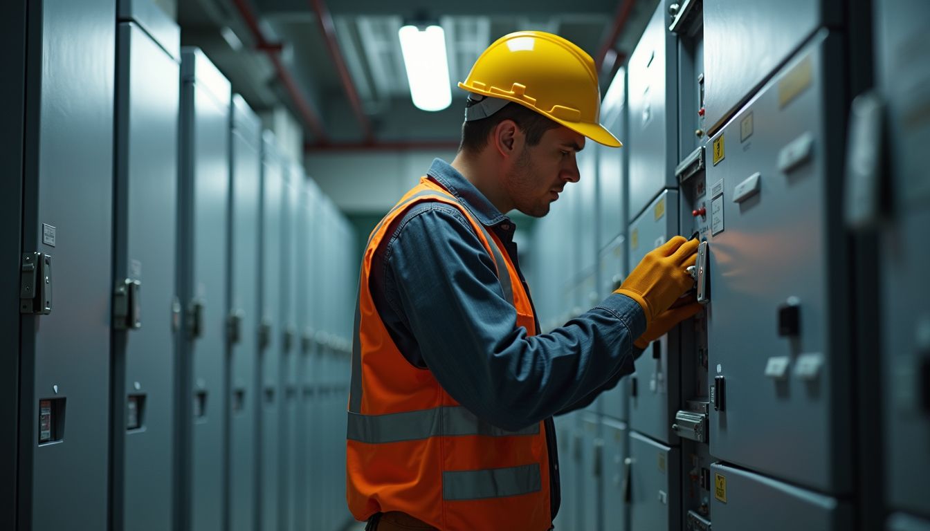 Worker in yellow hard hat and orange vest inspecting electrical panels in a utility room