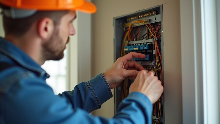 Electrician in an orange hard hat wiring an open electrical panel indoors