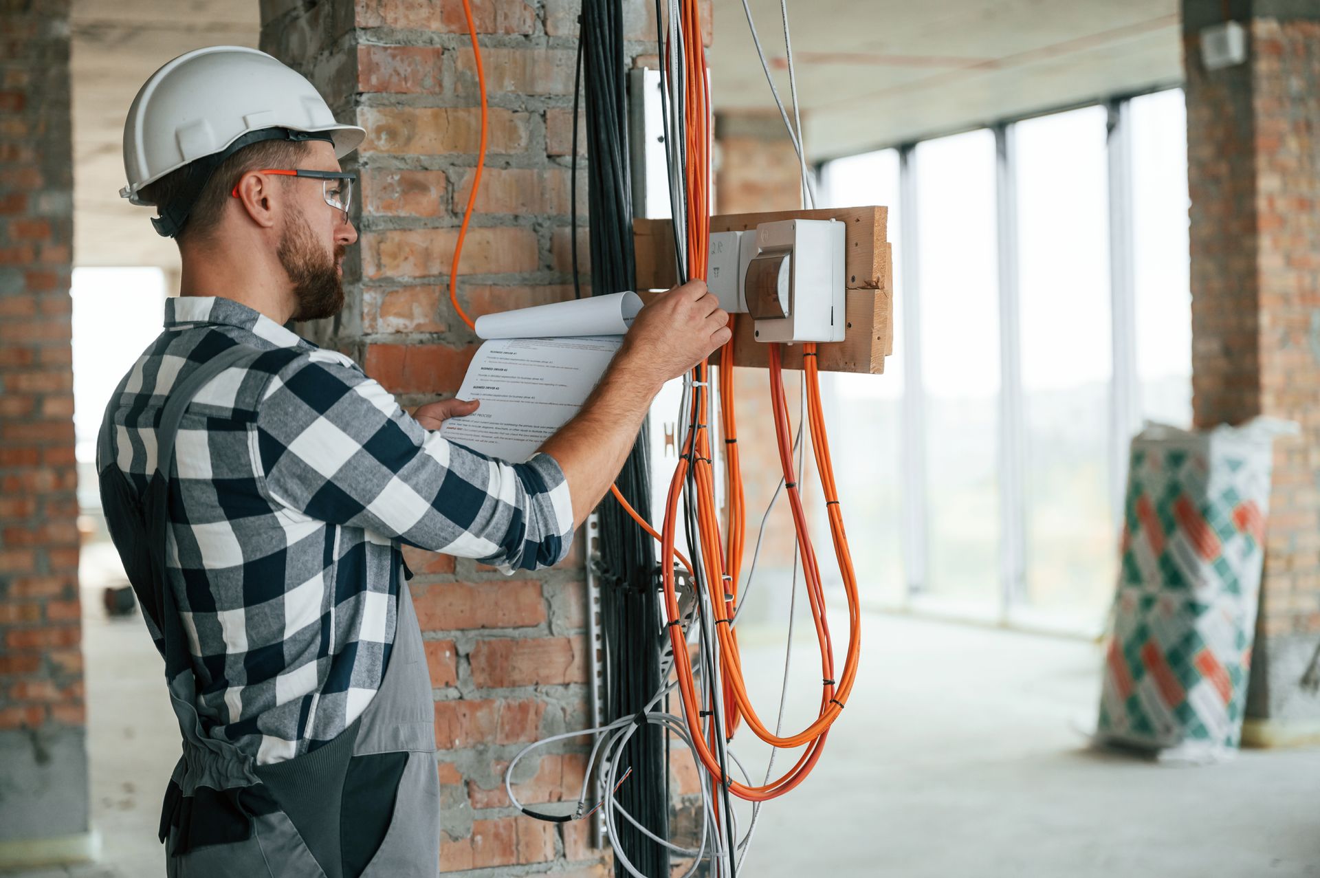 Electrician inspecting exposed wiring in a room under construction