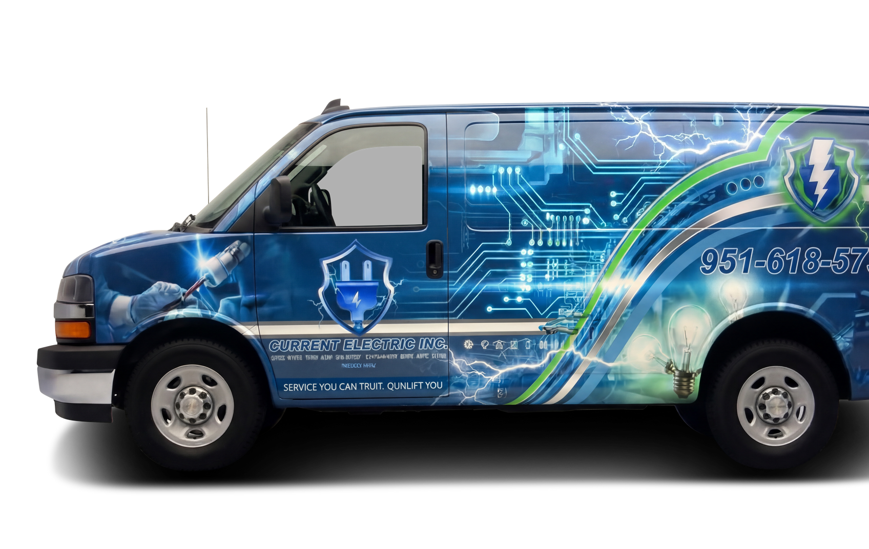 Blue cargo van with digital circuit graphics and shield logos on the side