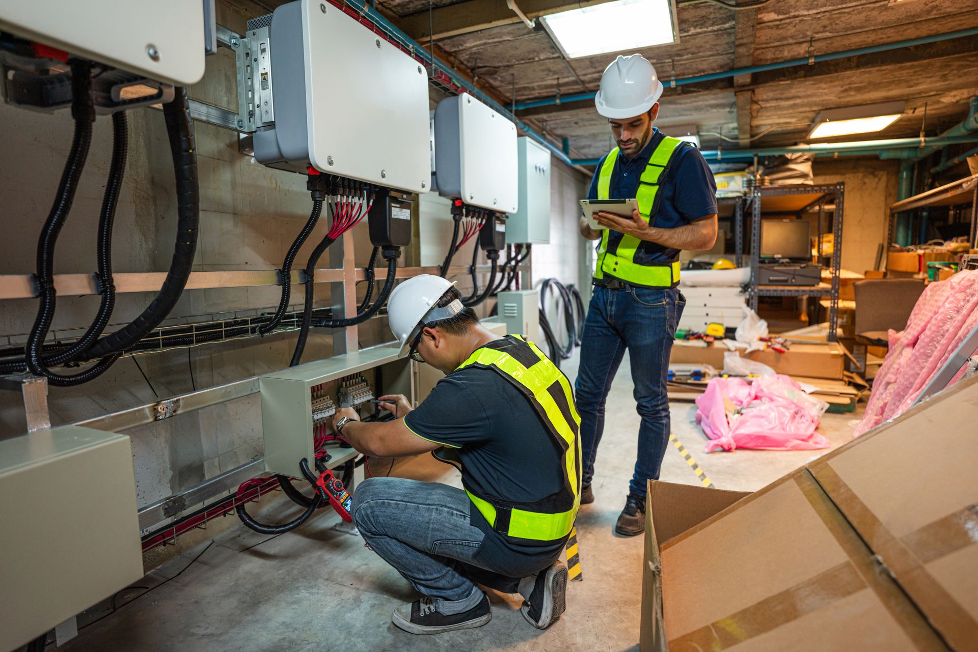 Two electricians in safety vests inspecting wiring in an industrial utility room