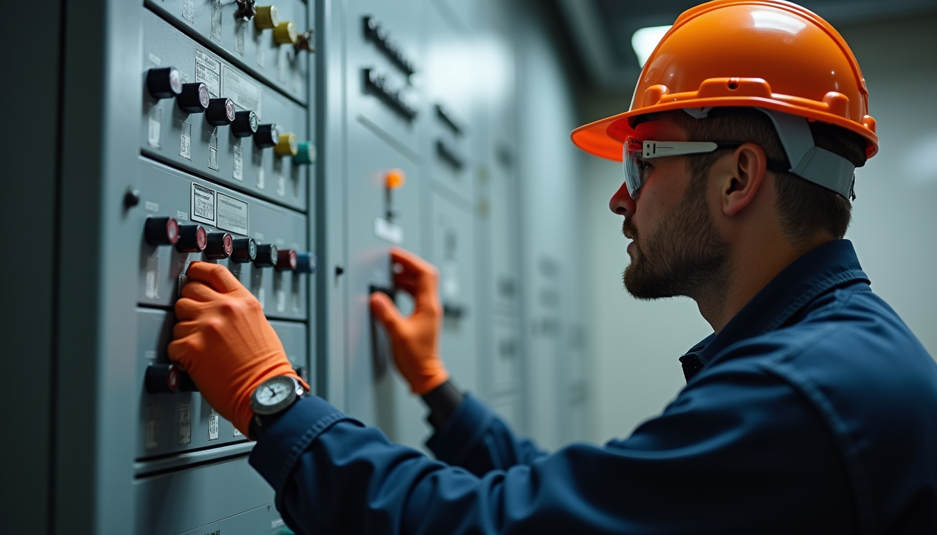 Technician in orange hard hat and gloves adjusting controls in an electrical control panel room