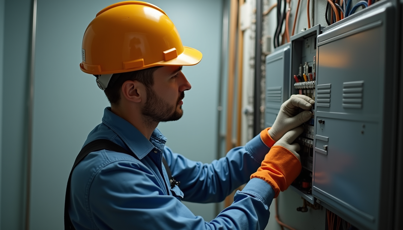 Technician in hard hat adjusting an electrical control panel in a utility room