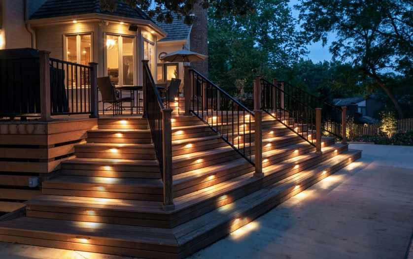 Illuminated front porch and wide steps at dusk with warm lights along a quiet walkway