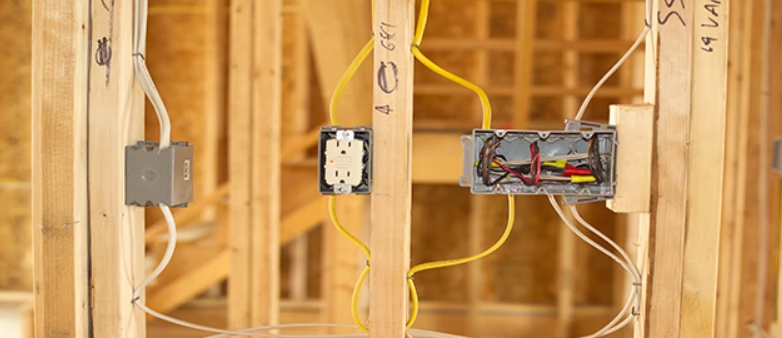 Framed wall with electrical boxes, wiring, and exposed studs in a house under construction