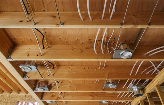 Wooden ceiling joists with exposed electrical wiring and junction boxes in a construction area