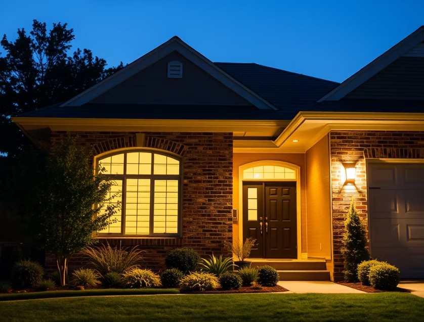 Illuminated brick house at night with warm porch lights and a lit arched window