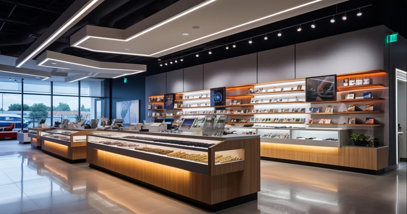 Modern bakery or deli interior with glass display cases, warm wood counters, and shelves of packaged goods