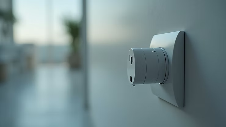 Close-up of a white wall-mounted sensor or knob on a gray wall in a blurred indoor hallway