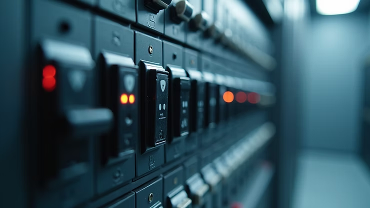 Close-up of server rack equipment with blinking indicator lights in a dim blue data center