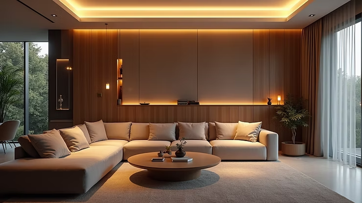 Modern living room with beige sectional sofa, round coffee table, warm cove lighting, and floor-to-ceiling windows