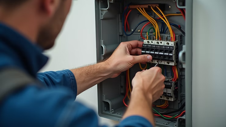 Technician wiring an electrical control panel with exposed red, yellow, and black cables.