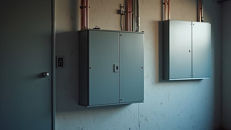 Two gray electrical panels mounted on a wall with exposed conduit and a door at left