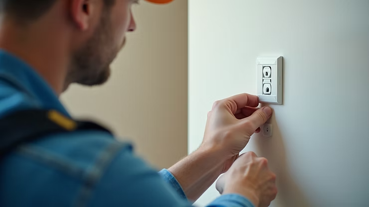 Person plugging a white charger into a wall outlet on a beige wall