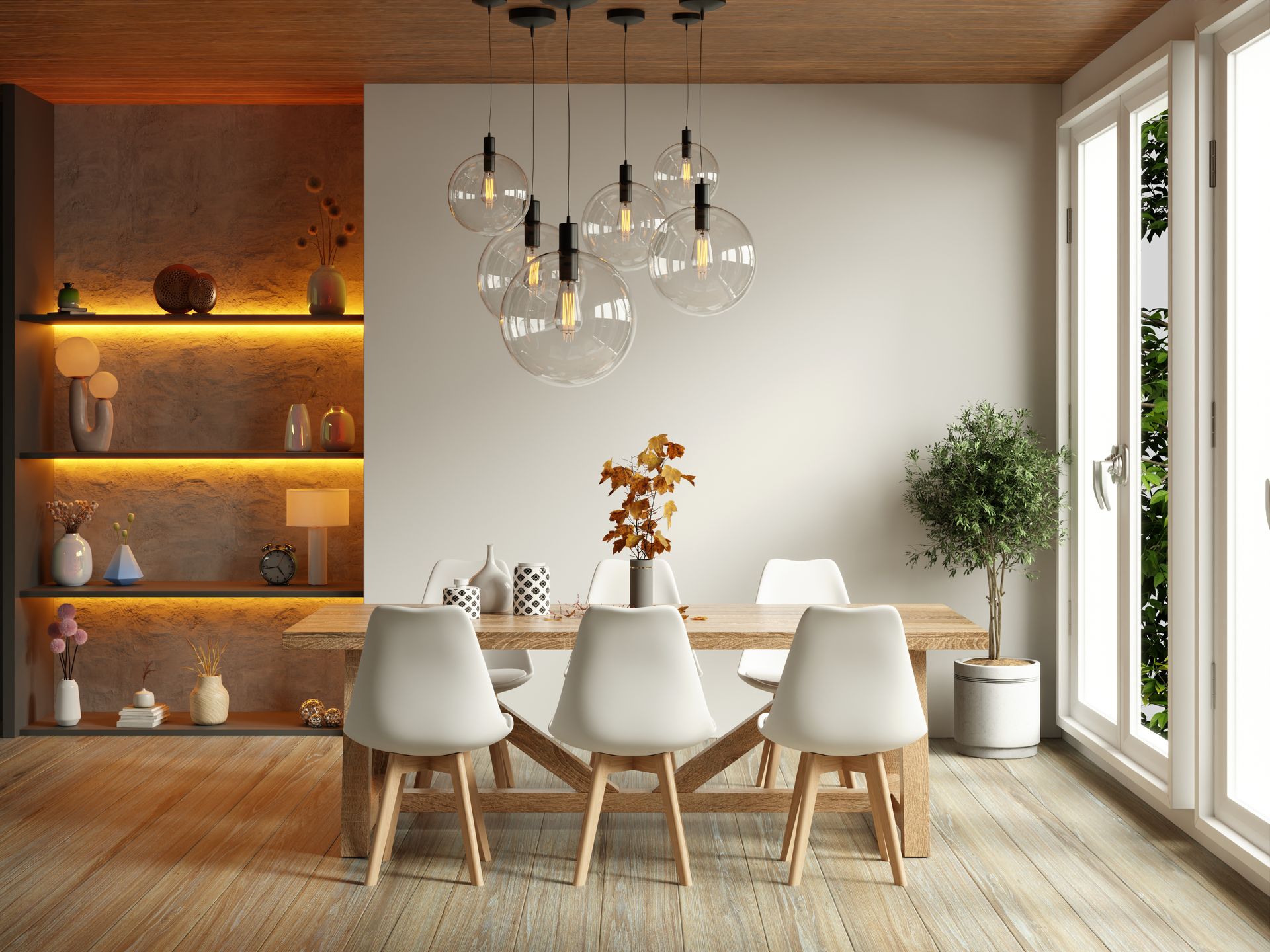 Modern dining room with white chairs, wooden table, pendant lights, and floor-to-ceiling windows