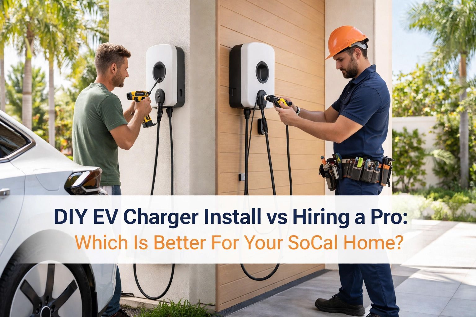 Two men installing EV chargers on a home exterior, with the text “DIY EV Charger Install vs Hiring a Pro”