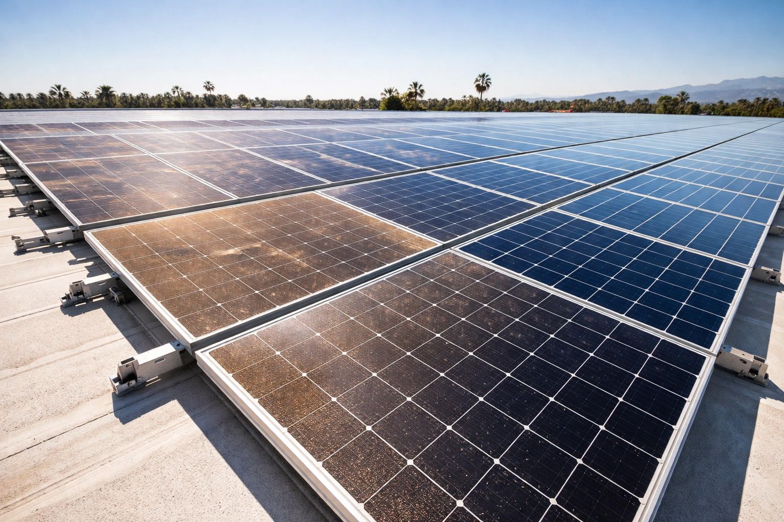 Rows of blue solar panels on a rooftop under a clear sky