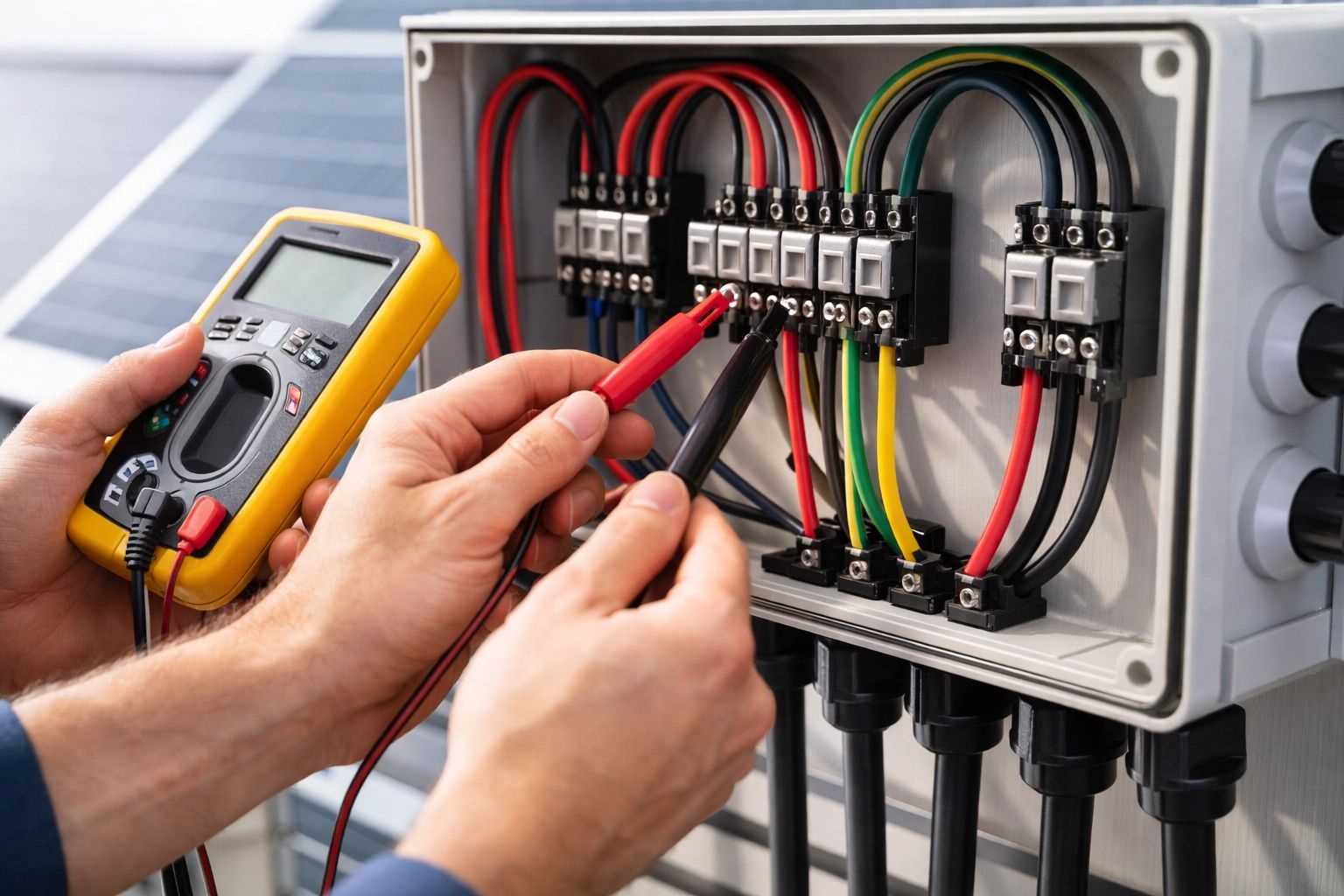 Hands testing an electrical control panel with a multimeter and probes