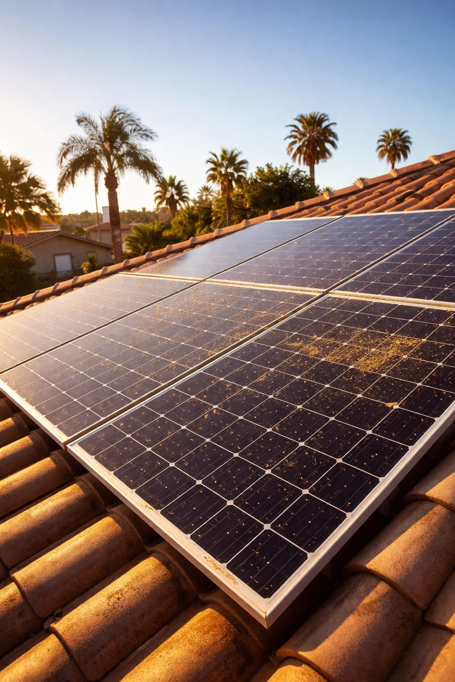 Solar panels on a terracotta tiled roof at sunset, with palm trees in the background.