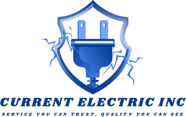 Blue shield logo with electric plug and lightning, labeled “Current Electric Inc.”