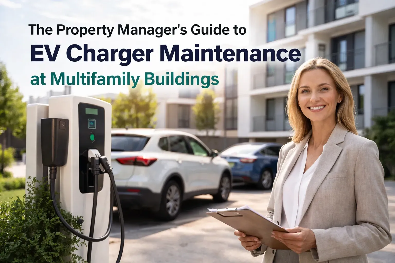 Property manager with clipboard beside EV charger at multifamily apartments; title reads “EV Charger Maintenance”