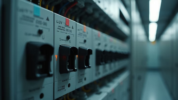 Row of electrical breaker switches in a dim industrial corridor, lit by cool overhead lights