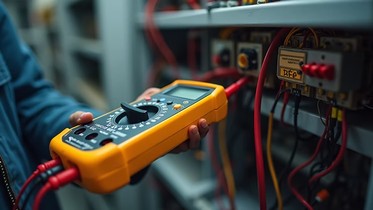 Technician holding a yellow multimeter while testing wiring in an electrical control panel.