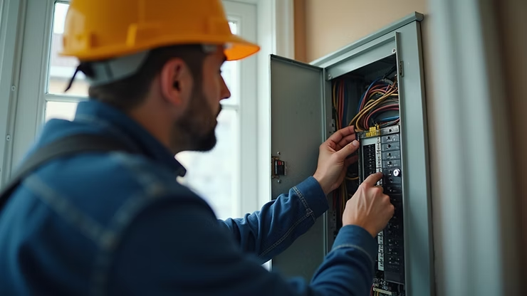 Electrician in a hard hat inspecting wiring inside an open electrical panel.