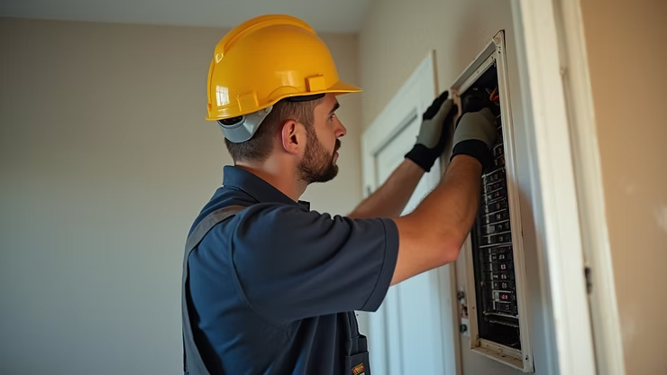 Electrician in a yellow hard hat inspecting an open electrical panel inside a room.