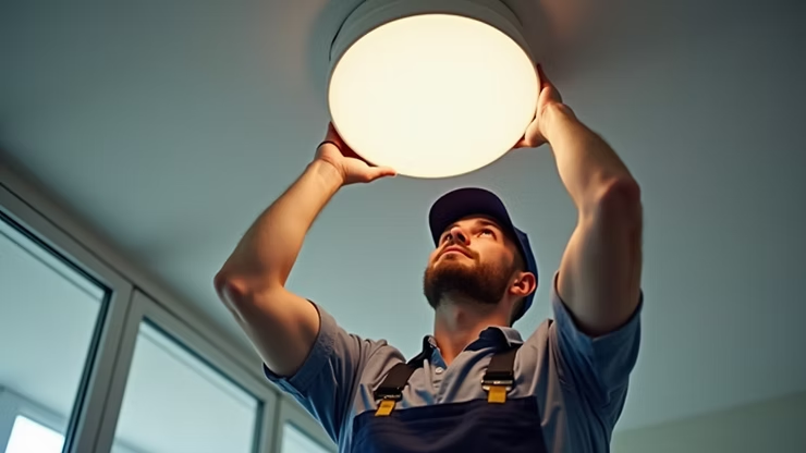 Worker installing a ceiling light in a room, reaching up beneath a bright round fixture.