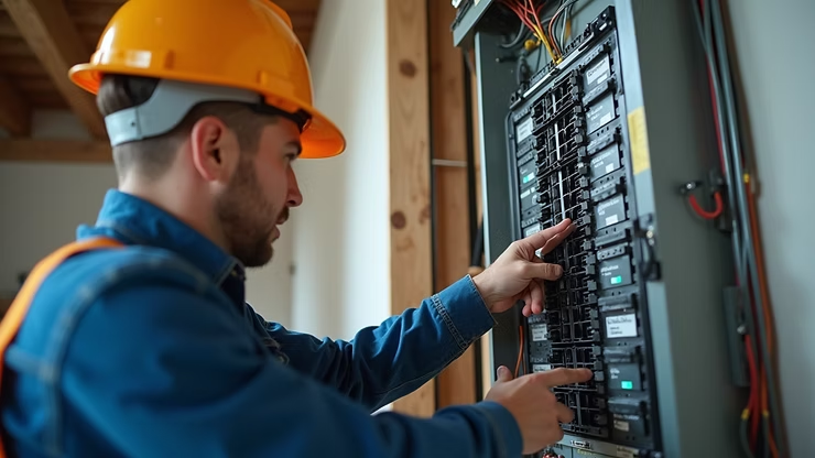 Technician in hard hat inspecting wiring in an electrical panel room