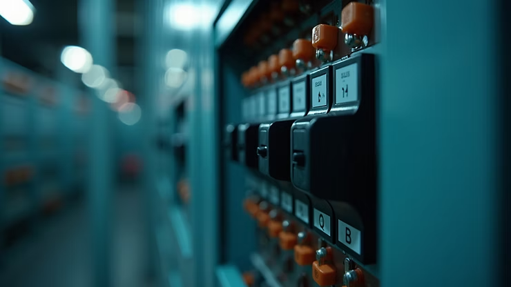 Row of electrical control panels with lit displays in a dim industrial hallway
