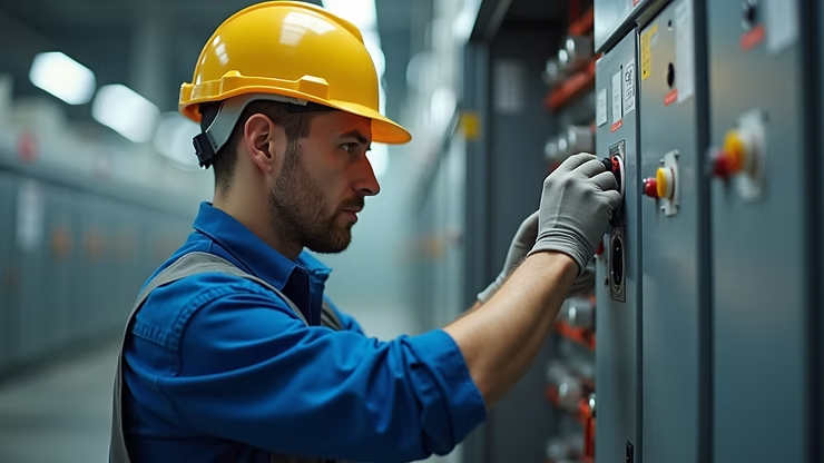 Technician in yellow hard hat adjusting controls on an industrial electrical panel