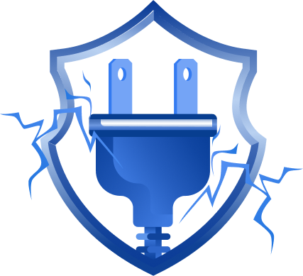 Electrical plug inside a shield, with lightning bolts on a white background