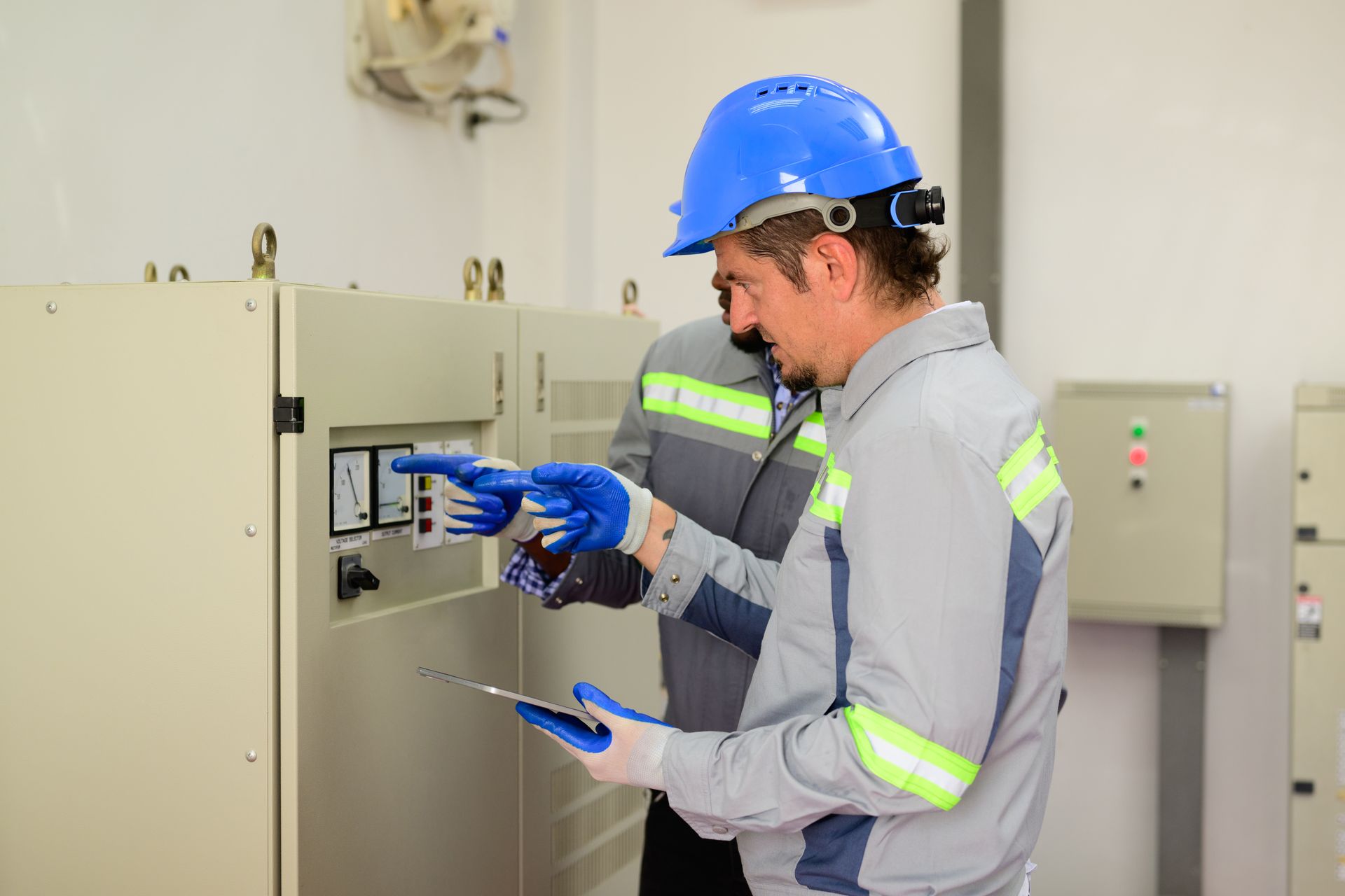 Two technicians in hard hats and gloves inspecting an electrical control panel in an industrial room